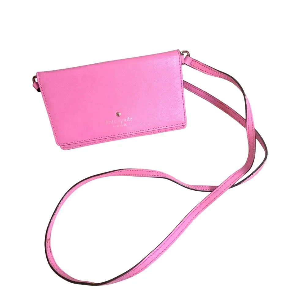 Kate Spade Cedar Street Cali Leather Cross Body Clutch Pink Trifold Wallet Small